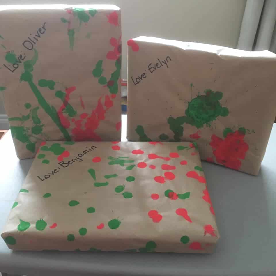 toddler made Christmas wrapping paper 