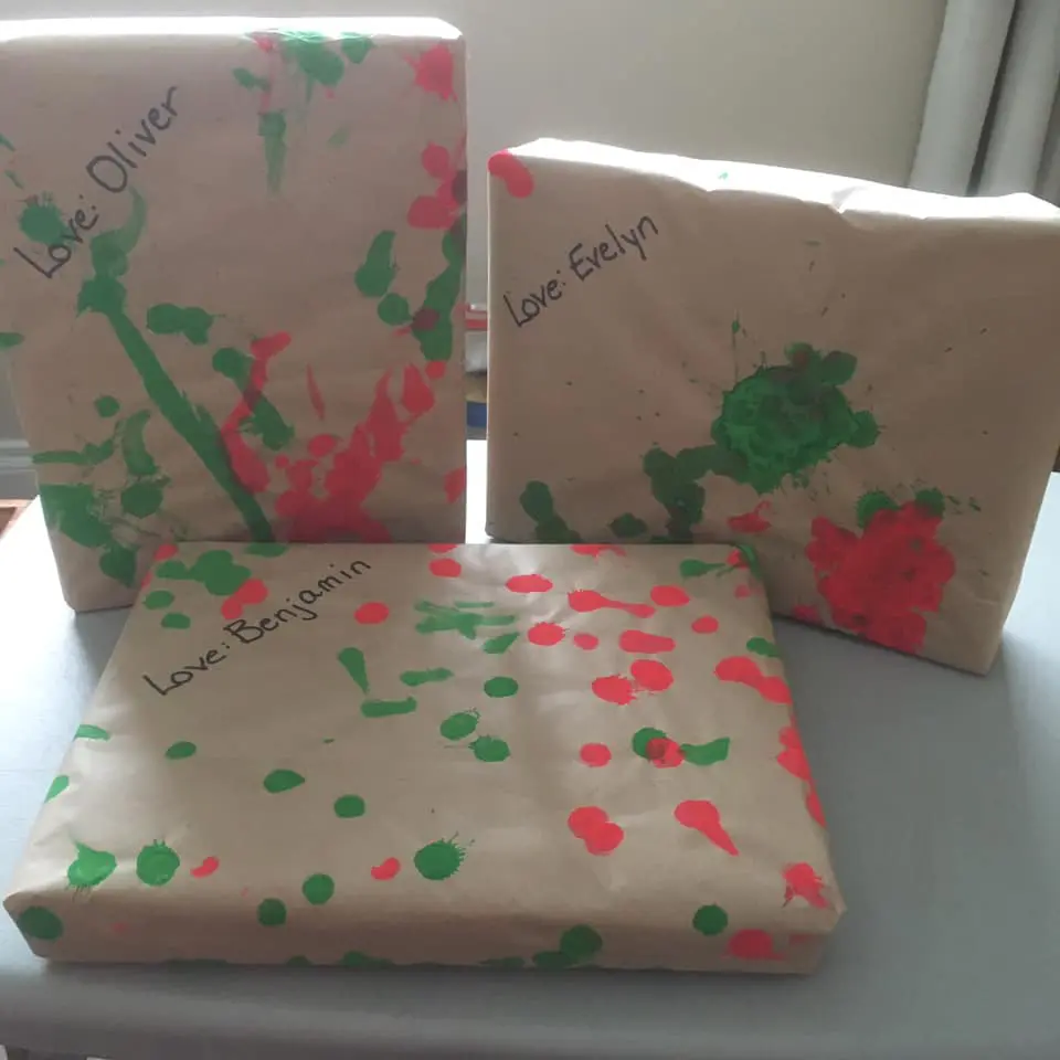 toddler made Christmas wrapping paper 