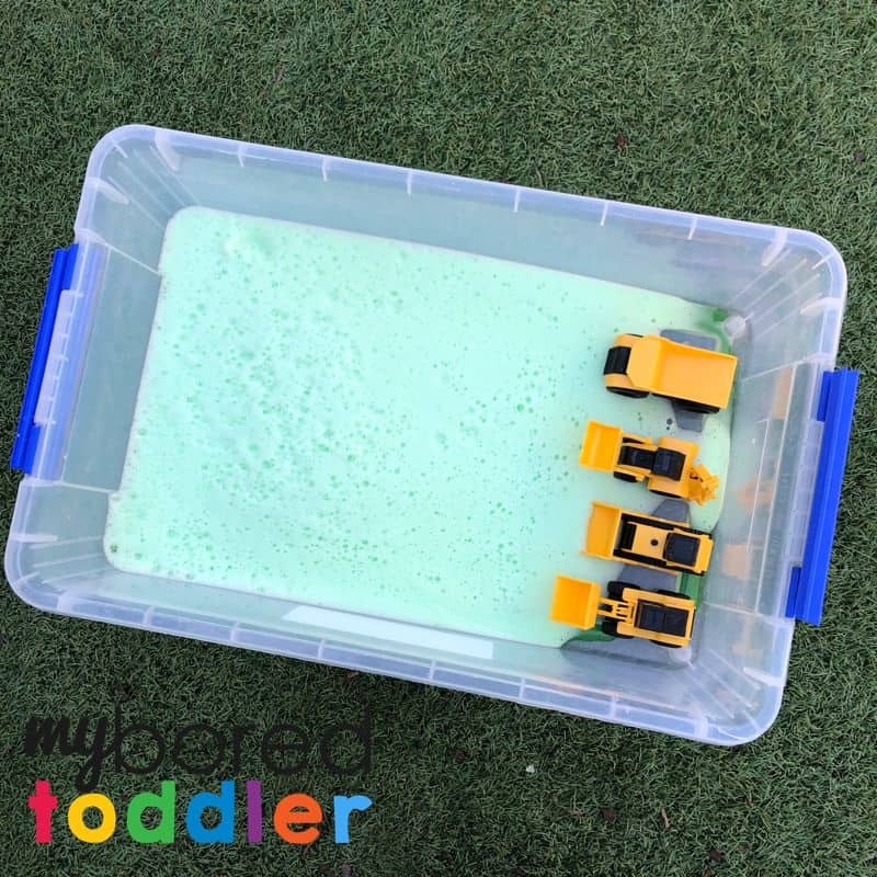 soap foam truck play sensory bin