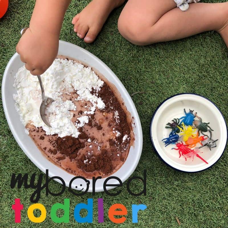 Bugs in mud messy sensory bin idea for toddlers