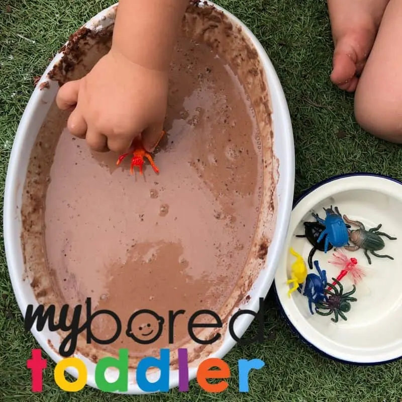 Messy muddy play ideas for oobleck bugs in mud toddler activity