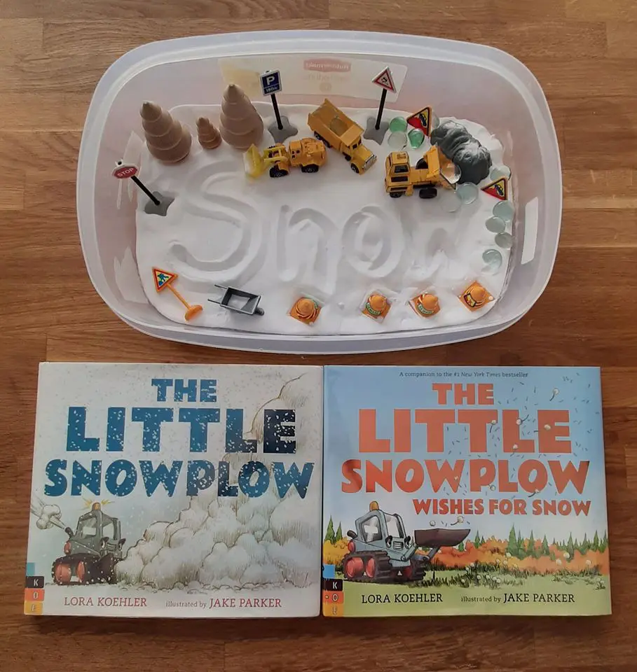 snow dogh and trucks sensory bin ideas for toddlers 