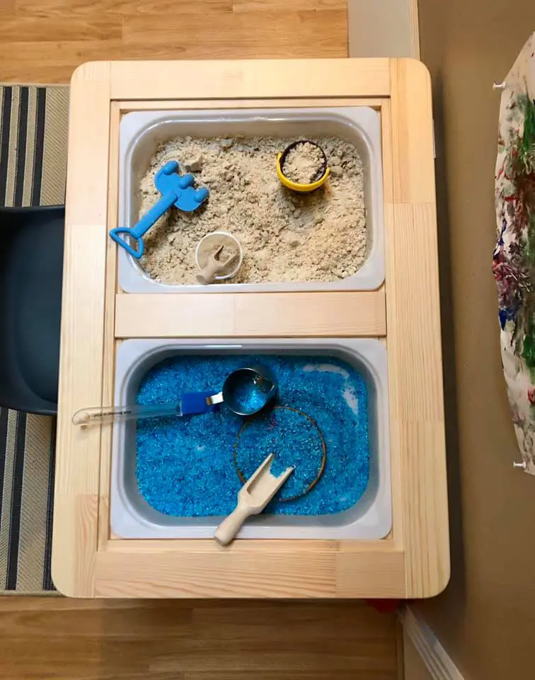 moon sand and colored rice sensory bin idea 