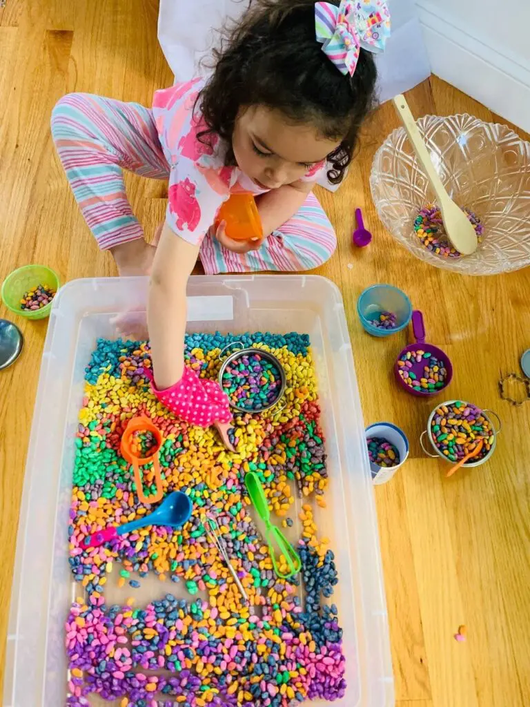 Playing with the magic bean soup - colored bean sensory bin for toddlers and preschoolers