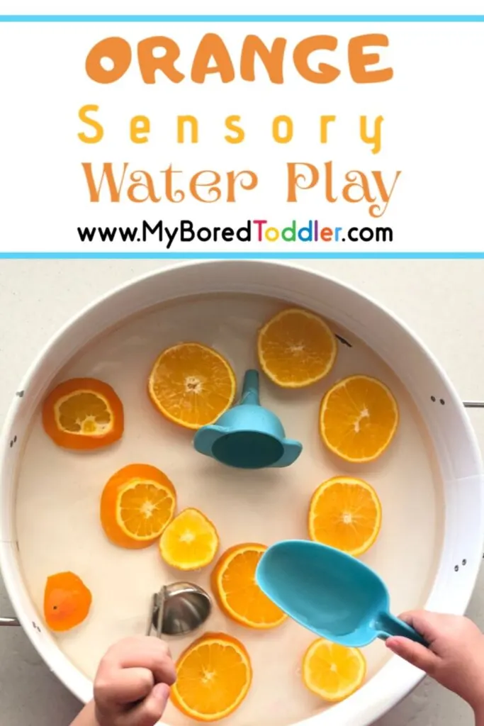 Water play is always a welcomed activity at our place. All three of my kids love scooping and pouring streams, mixing and stirring the water. Today we took our familiar water play and took it to another level – we added fresh oranges to create our own Orange Sensory Water Play.