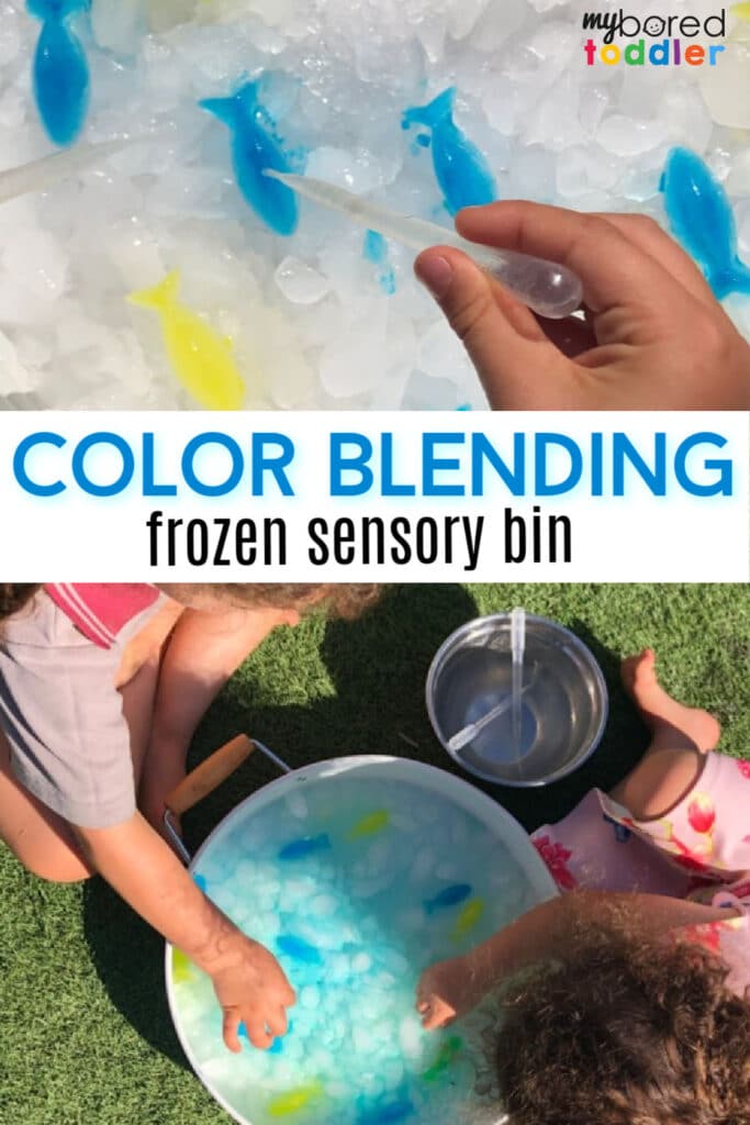 color blending frozen sensory bin 