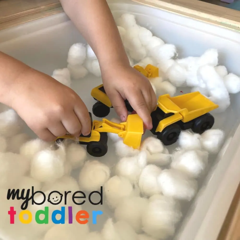 Cotton Ball Construction Trucks Sensory Bin