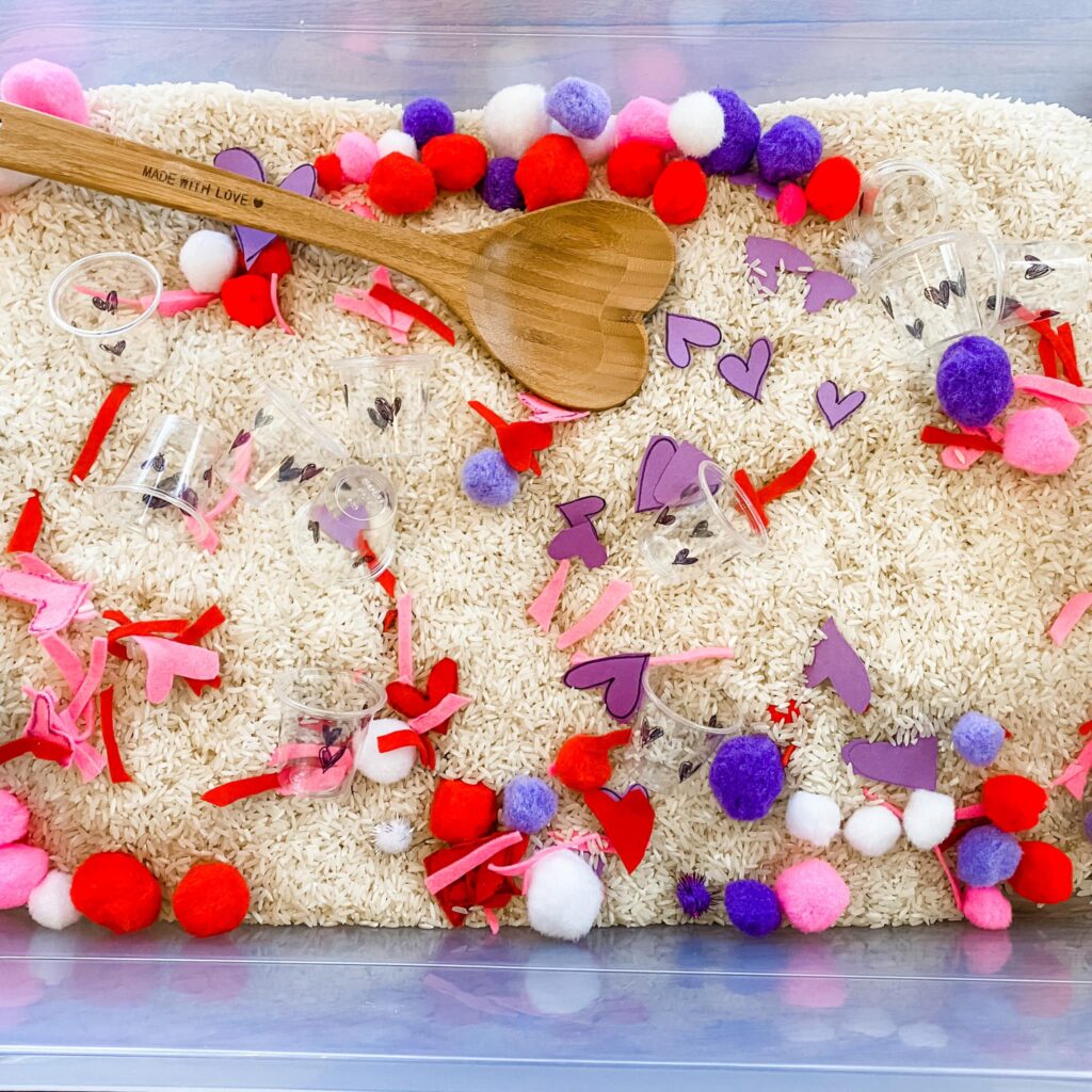 simple rice sensory bin for Valentine's Day 