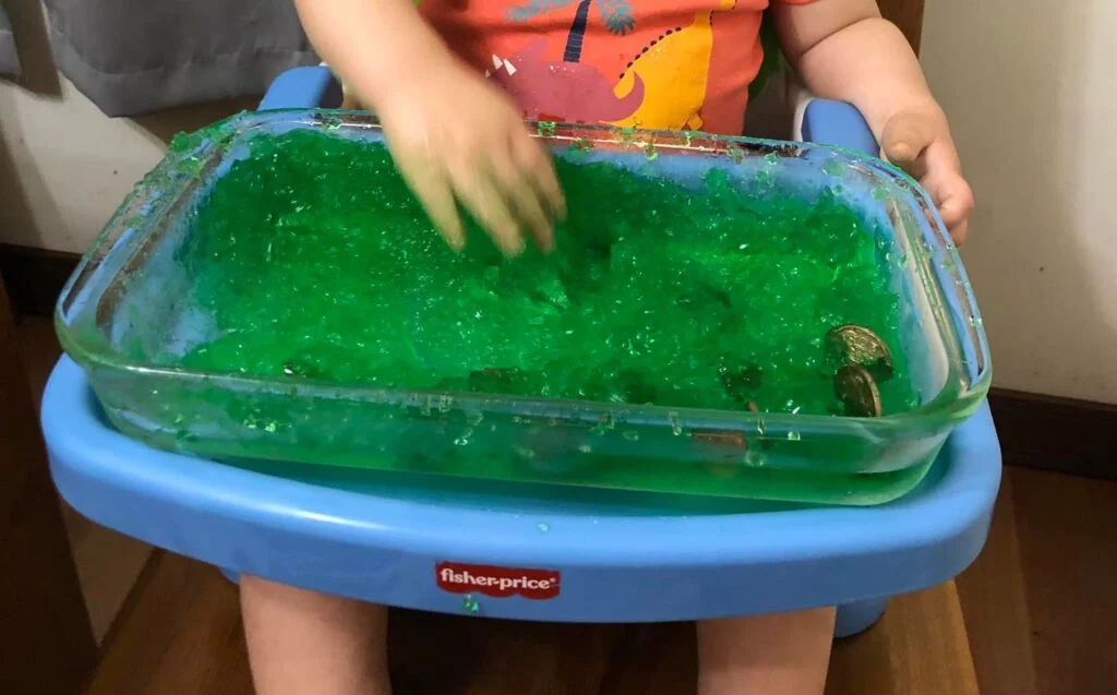 green jello dig with gold coins rebeccah