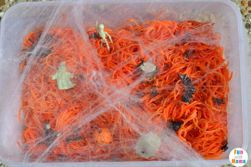 halloween spaghetti sensory bin
